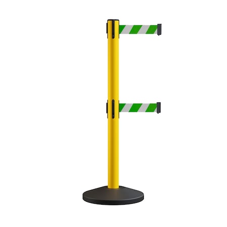 Retractable Dbl Belt Rolling Stanchion, 2.5in YW Post  11' Grn/Wh Belt